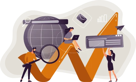 Illustration de tout ce qu'Idéalternative peut faire pour vous. Différents personnages autour d'une courbe de croissance positive avec un ordinateur, une loupe, en train de manipuler des fenêtres d'ordinateur...